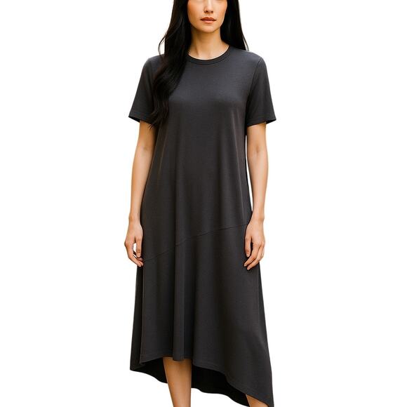 New NWT Eileen Fisher Black Round Neck Viscose Asymmetrical Midi Dress - XS - Picture 1 of 8